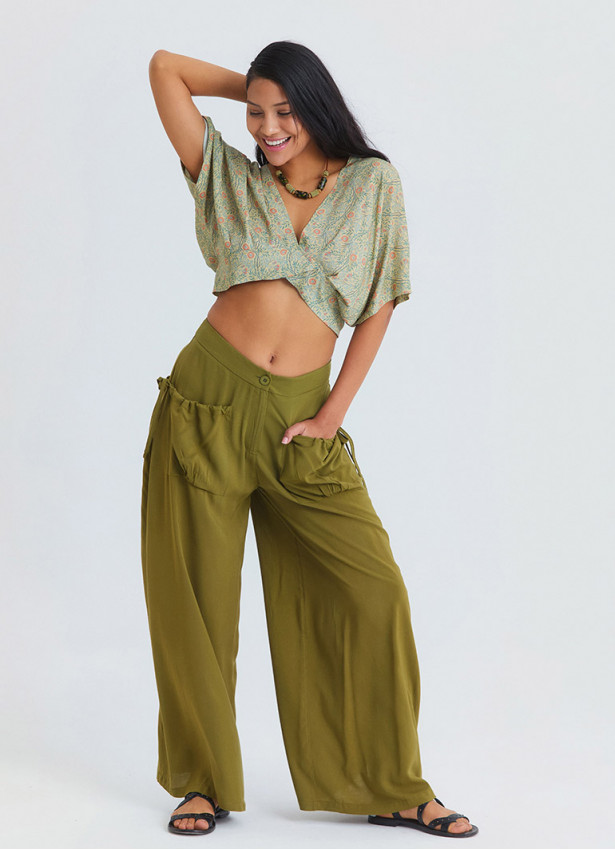 Loose Fit Green Womens Baggy Trousers with Pocket Detail 4867