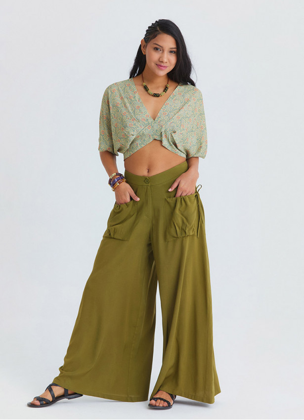 Loose Fit Green Womens Baggy Trousers with Pocket Detail 4867