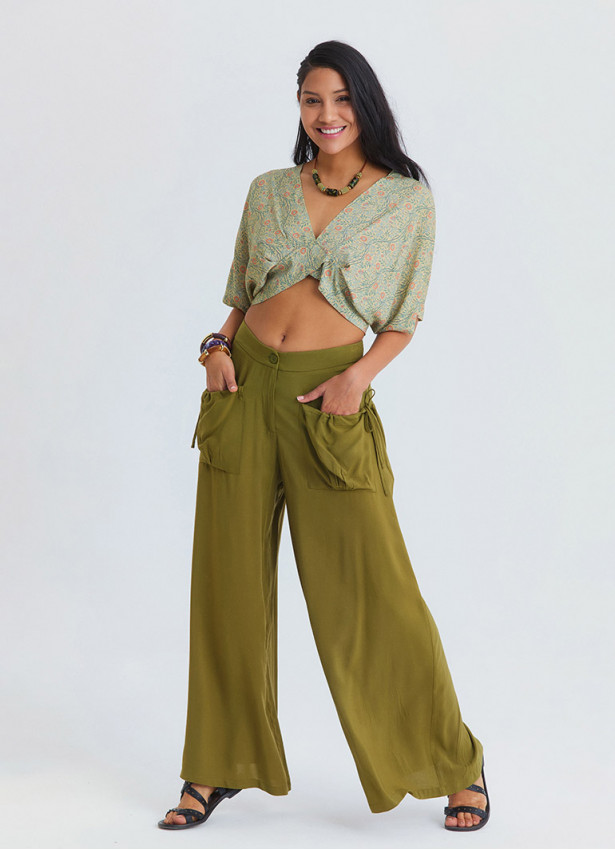Loose Fit Green Womens Baggy Trousers with Pocket Detail 4867