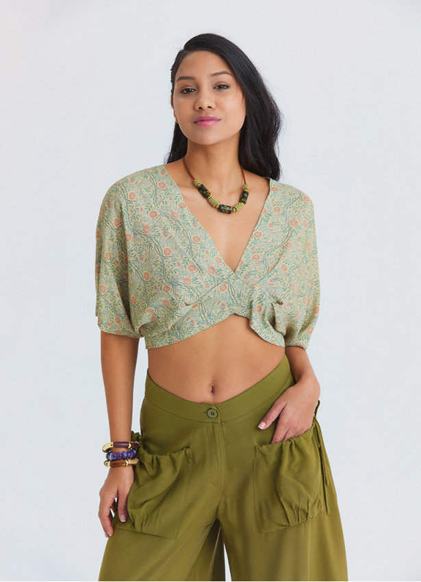 Crossover Neckline Backless Flowing Yellow Floral Blouse 4884