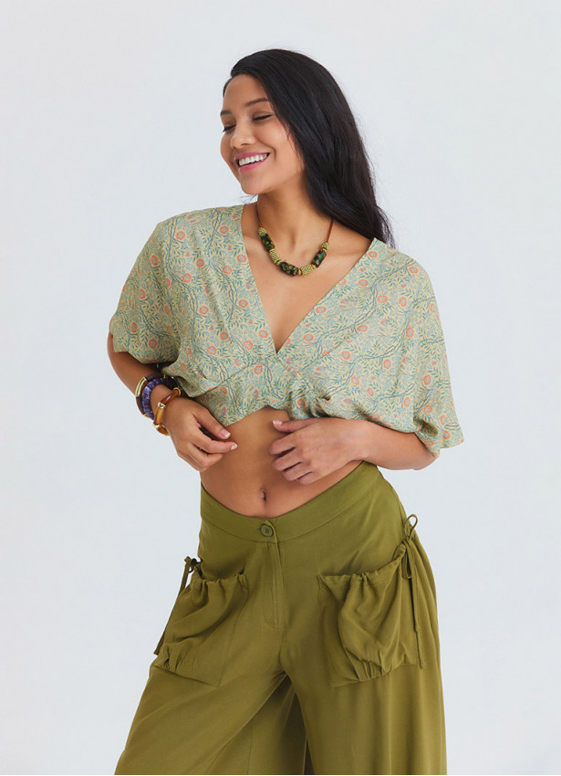 Crossover Neckline Backless Flowing Yellow Floral Blouse 4884