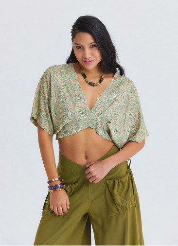 Crossover Neckline Backless Flowing Yellow Floral Blouse 4884