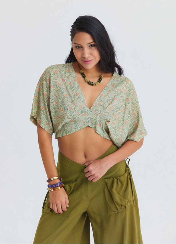 Crossover Neckline Backless Flowing Yellow Floral Blouse 4884