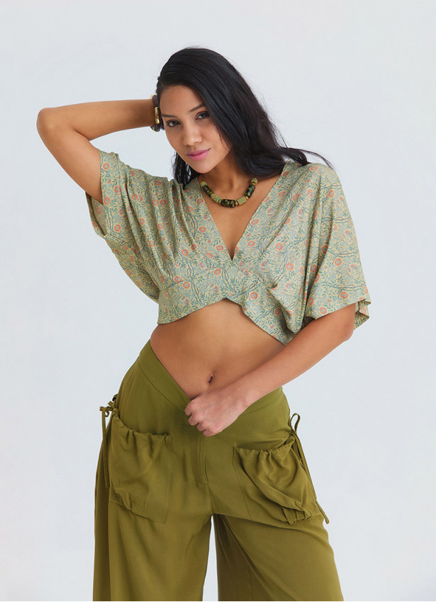 Crossover Neckline Backless Flowing Yellow Floral Blouse 4884