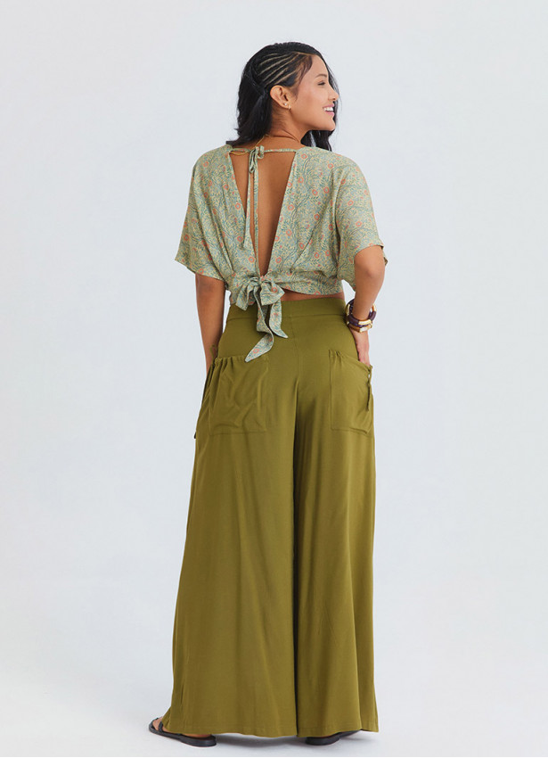 Loose Fit Green Womens Baggy Trousers with Pocket Detail 4867