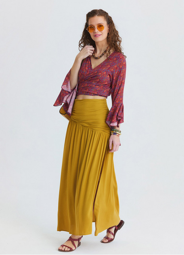 Drape Detail Slit Mustard Long Skirt  4905