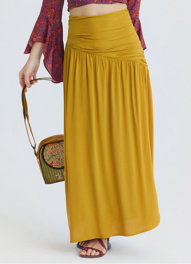 Drape Detail Slit Mustard Long Skirt  4905
