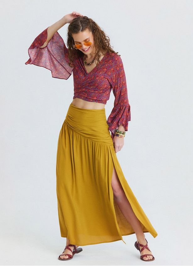 Drape Detail Slit Mustard Long Skirt  4905