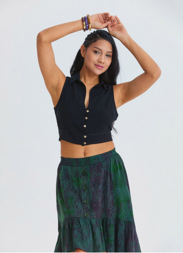 Black Crop Top with Shirt Collar and Button Details 4934