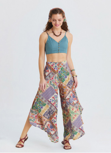 Regular Waist Asymmetrical Cut Beige Floral Womens Ethnic Trousers 4863