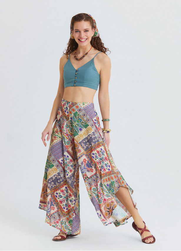 Regular Waist Asymmetrical Cut Beige Floral Womens Ethnic Trousers 4863