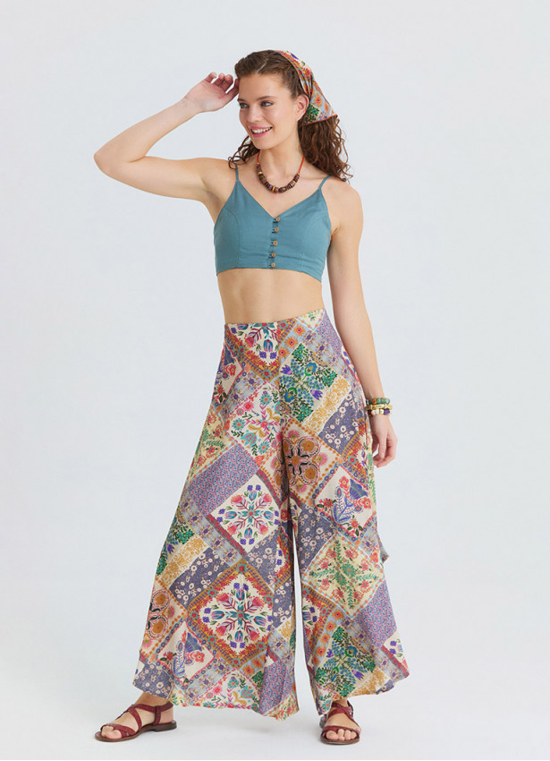 Regular Waist Asymmetrical Cut Beige Floral Womens Ethnic Trousers 4863