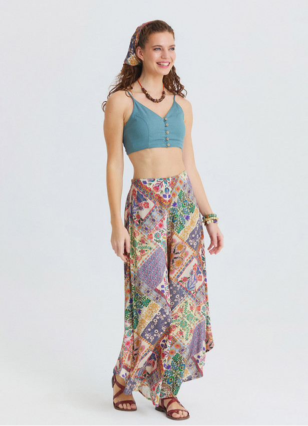 Regular Waist Asymmetrical Cut Beige Floral Womens Ethnic Trousers 4863