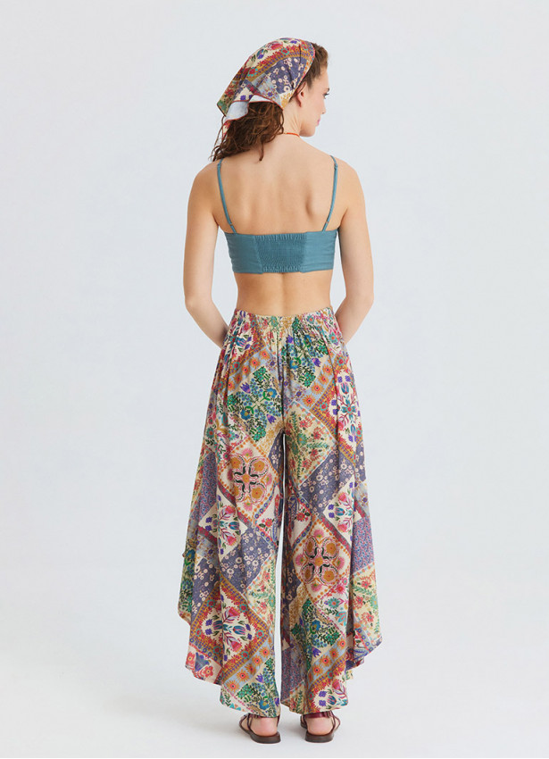 Regular Waist Asymmetrical Cut Beige Floral Womens Ethnic Trousers 4863