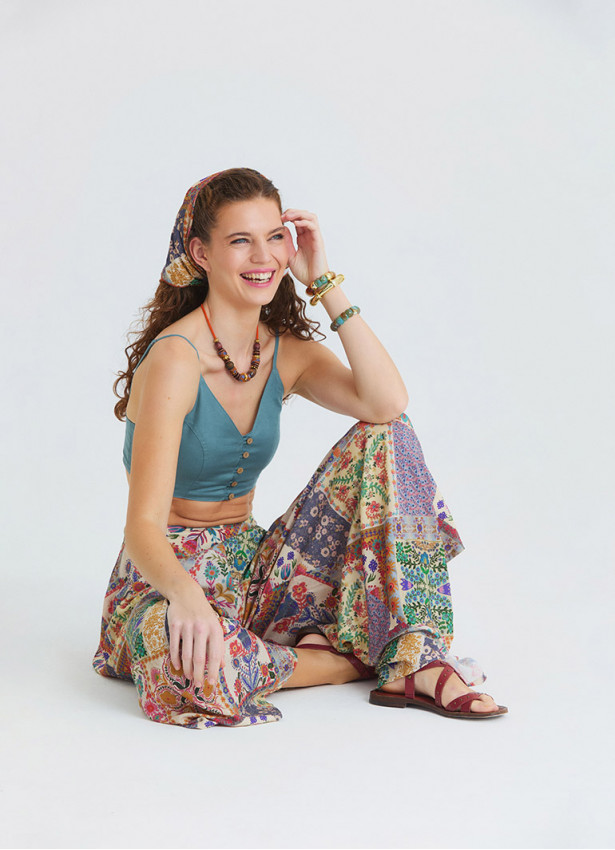 Blue Crop Top with Thin Straps and Button Detail  4916