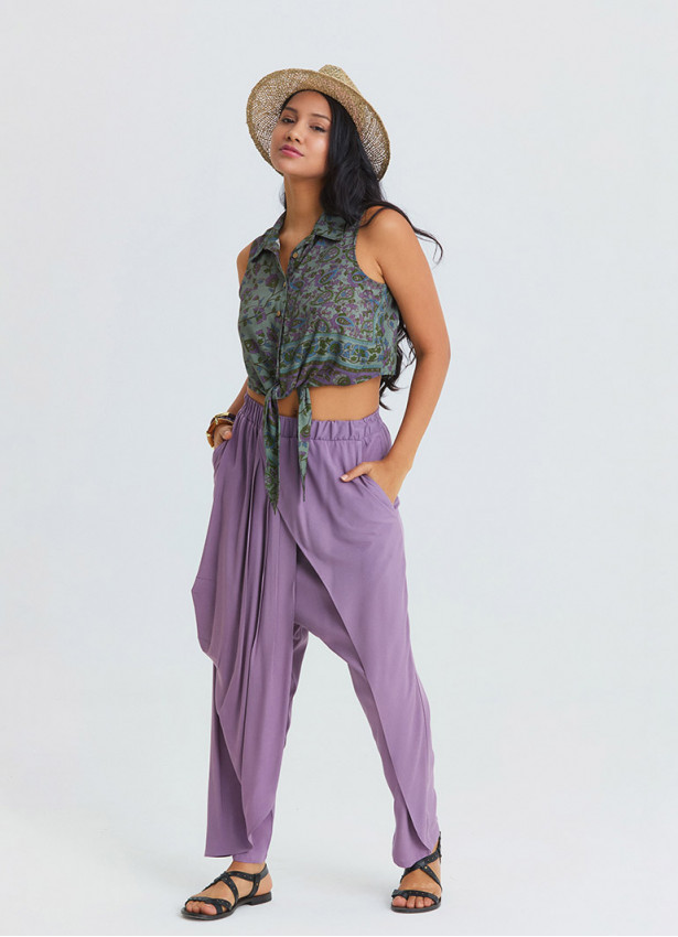 Elasticated Waistband, Cross Over Detail Lilac Women's Relaxed Fit Trousers 4844