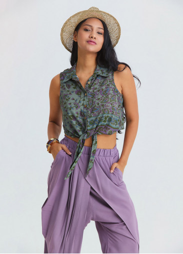 Elasticated Waistband, Cross Over Detail Lilac Women's Relaxed Fit Trousers 4844