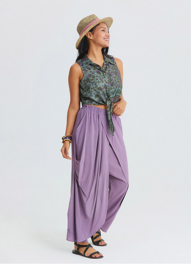 Elasticated Waistband, Cross Over Detail Lilac Women's Relaxed Fit Trousers 4844