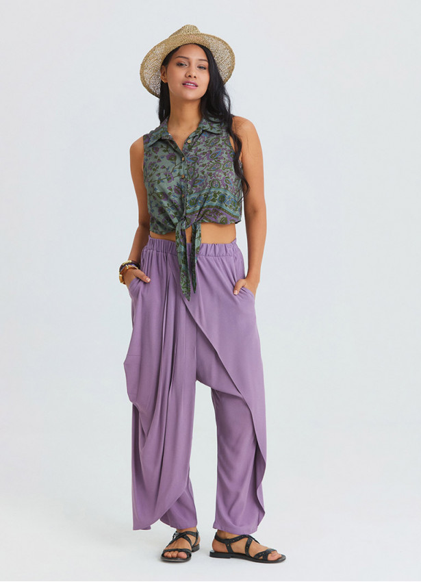 Elasticated Waistband, Cross Over Detail Lilac Women's Relaxed Fit Trousers 4844