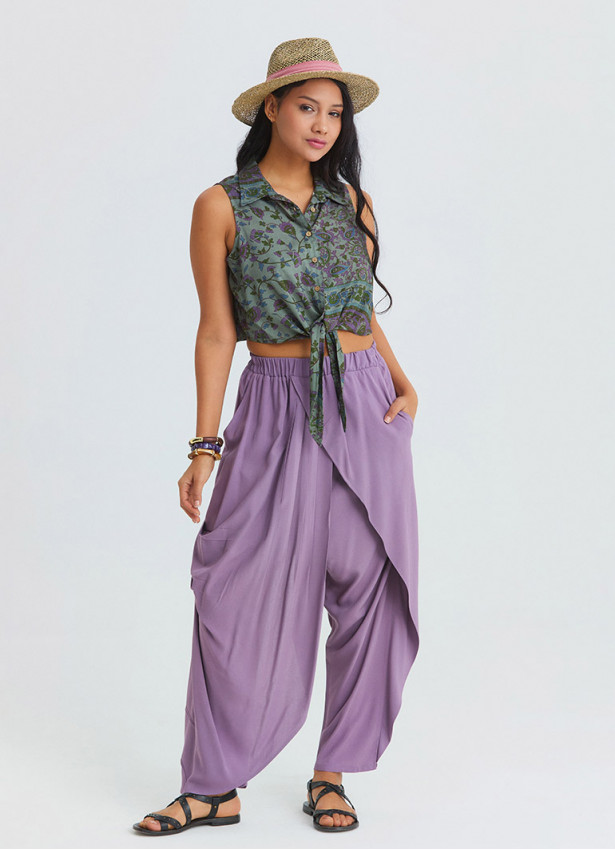 Elasticated Waistband, Cross Over Detail Lilac Women's Relaxed Fit Trousers 4844