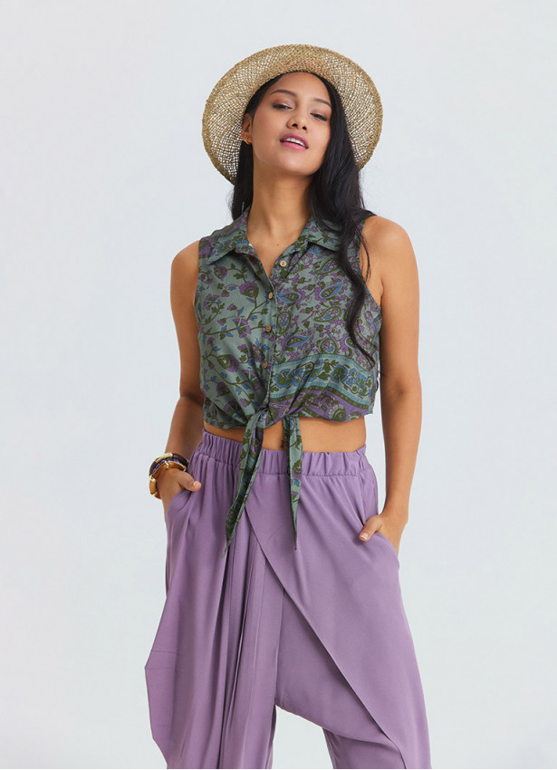 Shirt Collar Asymmetrical Cut Agora Crop Blouse 4963