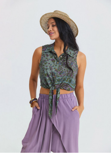 Shirt Collar Asymmetrical Cut Agora Crop Blouse 4963