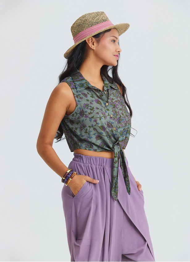 Shirt Collar Asymmetrical Cut Agora Crop Blouse 4963