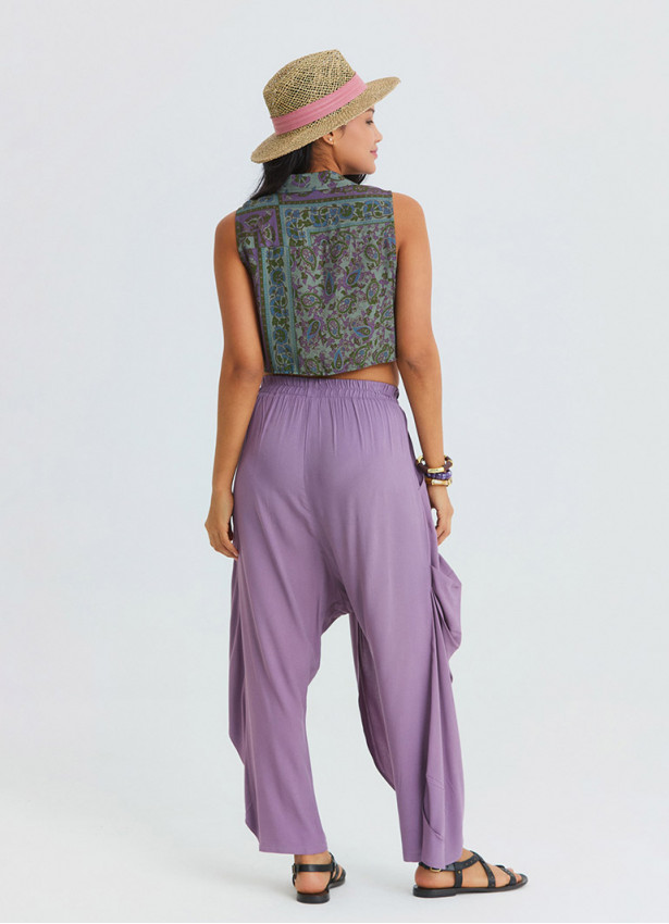 Elasticated Waistband, Cross Over Detail Lilac Women's Relaxed Fit Trousers 4844