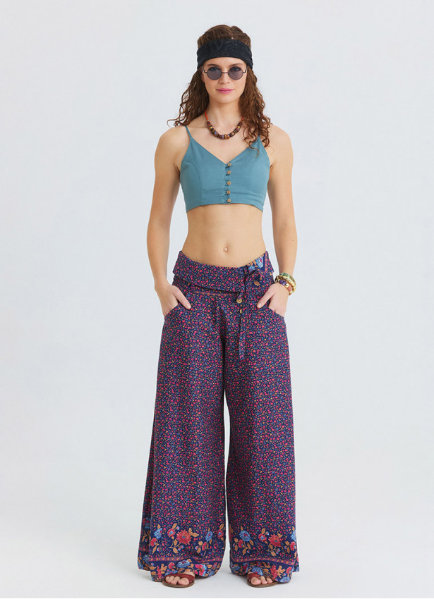 Low Waisted Buttoned Pink Floral Women's Authentic Trousers 4871