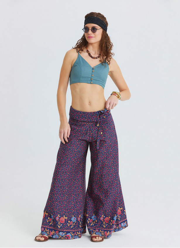 Low Waisted Buttoned Pink Floral Women's Authentic Trousers 4871