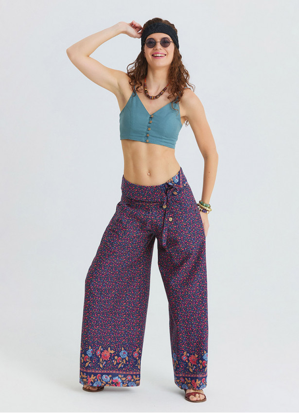 Low Waisted Buttoned Pink Floral Women's Authentic Trousers 4871