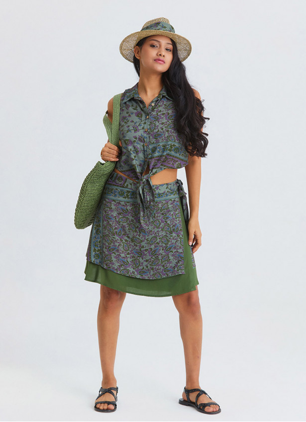 Double Layered Wrap Style Green Floral Skirt 4968