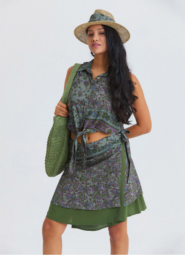 Double Layered Wrap Style Green Floral Skirt 4968