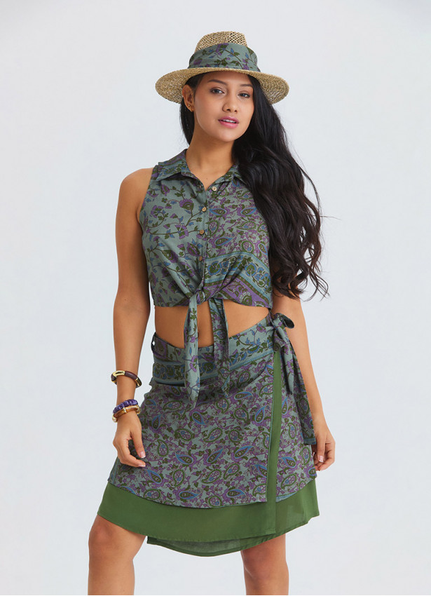Double Layered Wrap Style Green Floral Skirt 4968