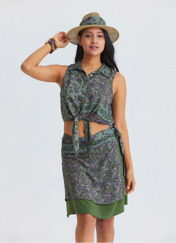 Double Layered Wrap Style Green Floral Skirt 4968