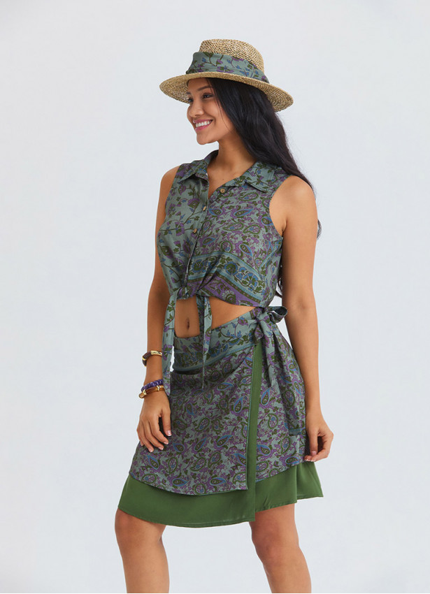 Double Layered Wrap Style Green Floral Skirt 4968