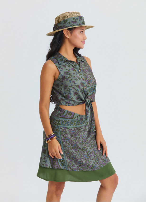 Double Layered Wrap Style Green Floral Skirt 4968
