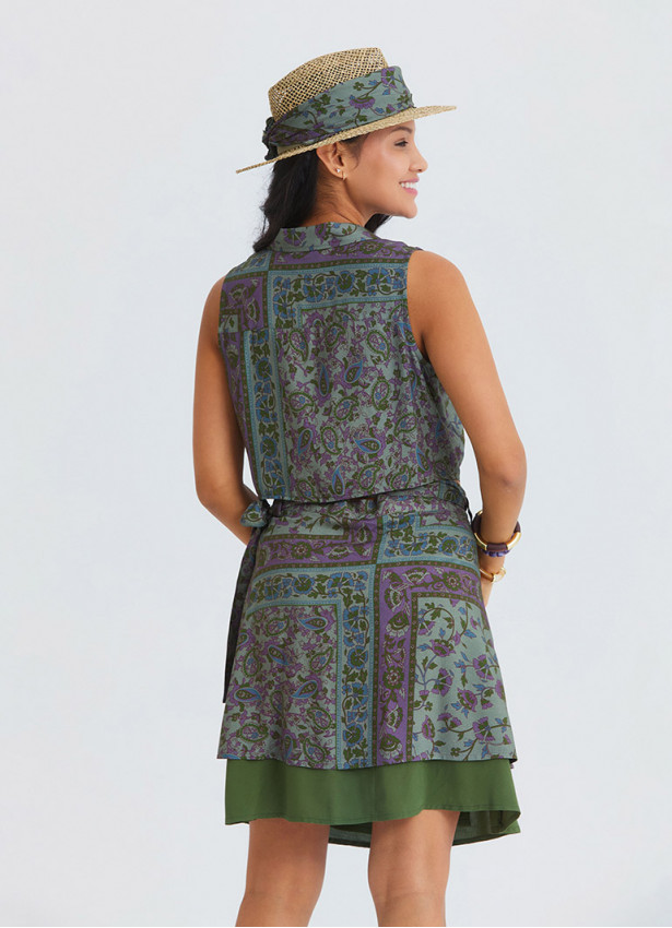 Double Layered Wrap Style Green Floral Skirt 4968