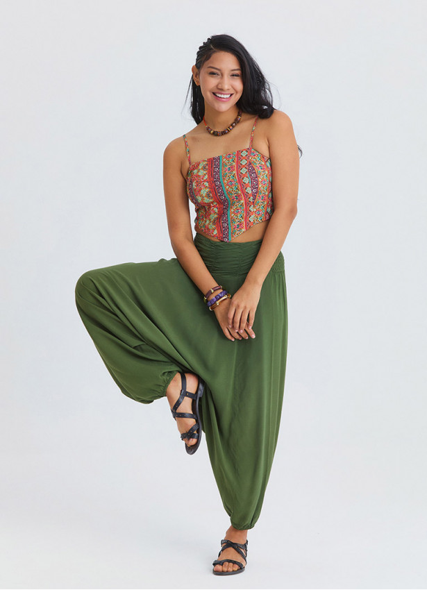 Drape Waist Elasticated Khaki Womens Bohemian Trousers 4848