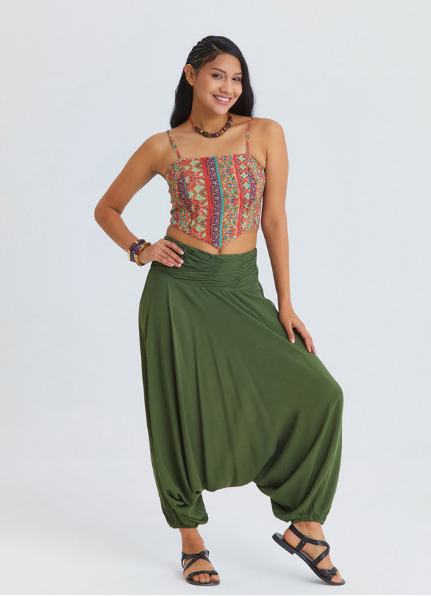 Drape Waist Elasticated Khaki Womens Bohemian Trousers 4848