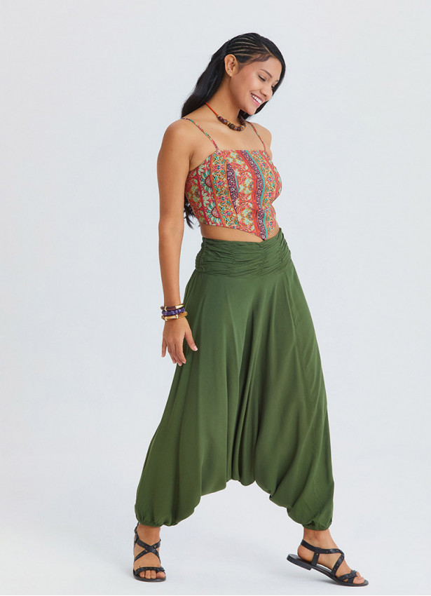 Drape Waist Elasticated Khaki Womens Bohemian Trousers 4848