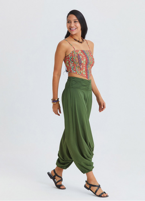 Drape Waist Elasticated Khaki Womens Bohemian Trousers 4848