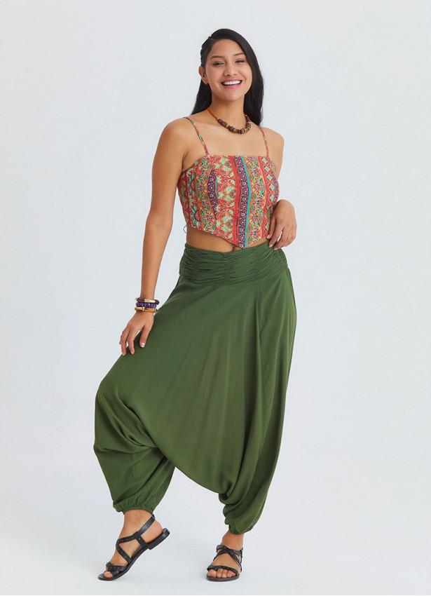 Drape Waist Elasticated Khaki Womens Bohemian Trousers 4848