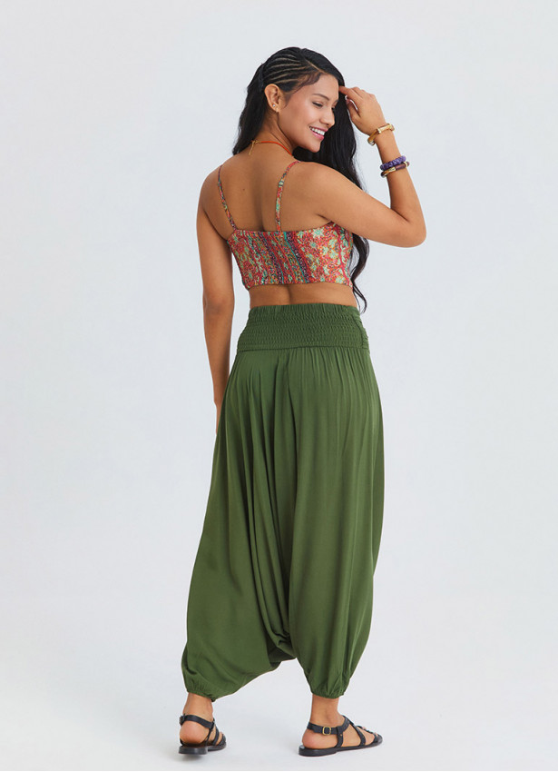 Drape Waist Elasticated Khaki Womens Bohemian Trousers 4848
