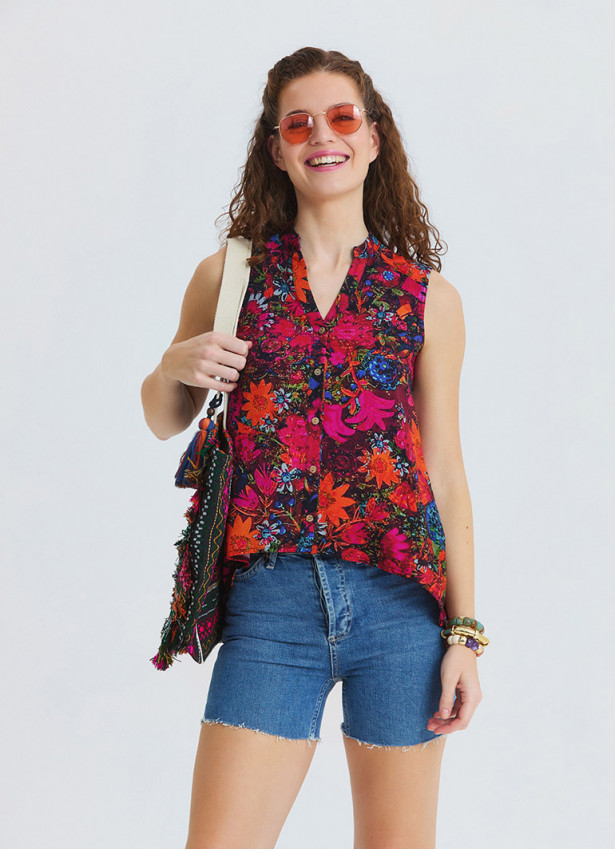 Asymmetrical Collar Shirt with Red Floral Blouse 4887