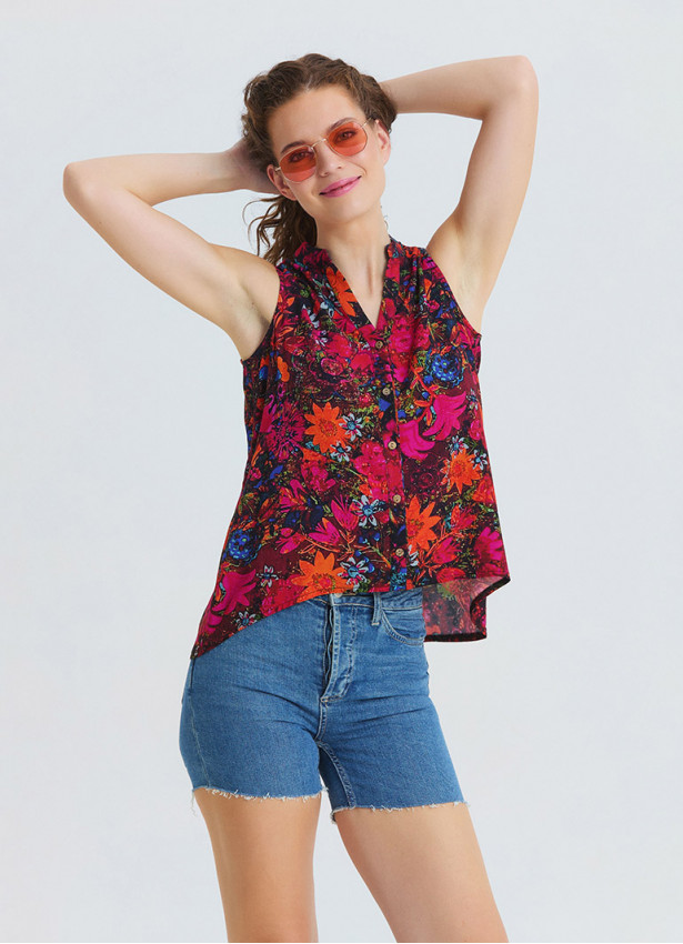 Asymmetrical Collar Shirt with Red Floral Blouse 4887