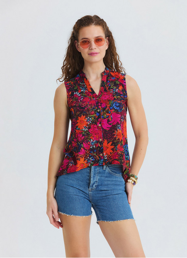 Asymmetrical Collar Shirt with Red Floral Blouse 4887