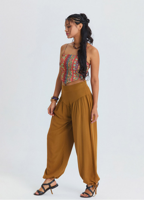 Comfortable Fit Gathered Hem Camel Women's High Waist Trousers 4853