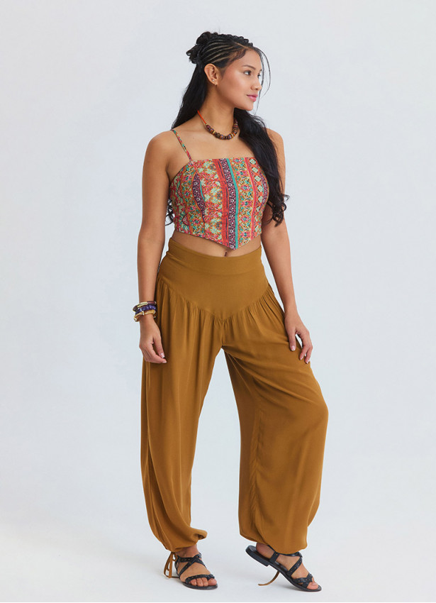 Comfortable Fit Gathered Hem Camel Women's High Waist Trousers 4853