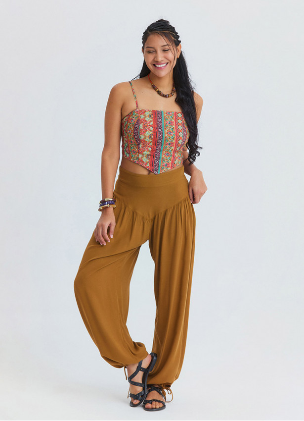 Comfortable Fit Gathered Hem Camel Women's High Waist Trousers 4853